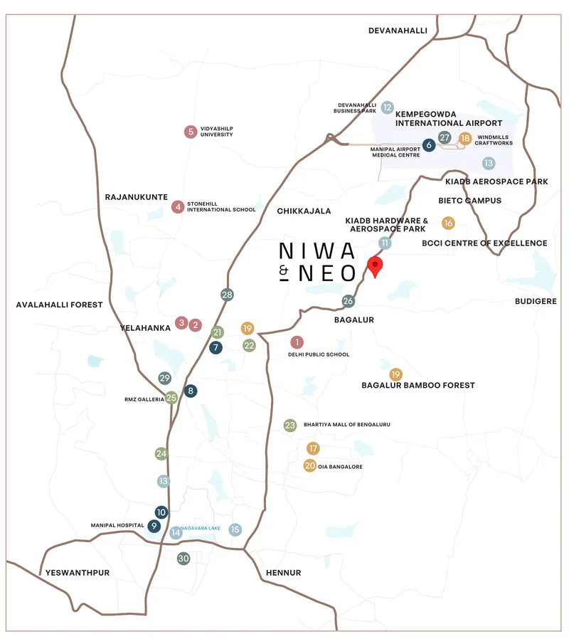 Location map of Niwa & Neo with numbered landmarks 1 to 30